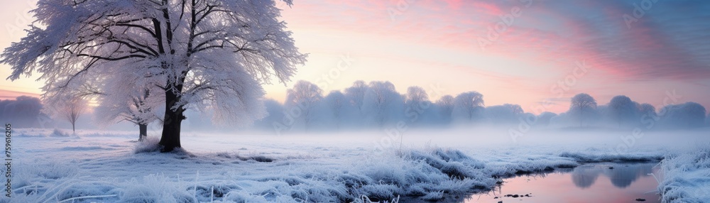 A magical winter landscape first light casting a spell over frost-laden trees