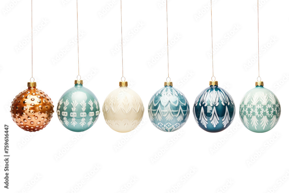 Row of Christmas Ornaments Hanging From Strings. on a White or Clear Surface PNG Transparent Background. Row of Christmas Ornaments Hanging From Strings. on a White or Clear Surface PNG Transparent Background.
