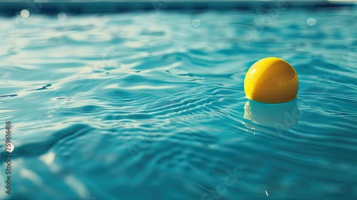 A vibrant yellow ball floats serenely atop a shimmering blue pool, inviting viewers to enjoy a refreshing dip and poolside leisure under the summer sun © pvl0707