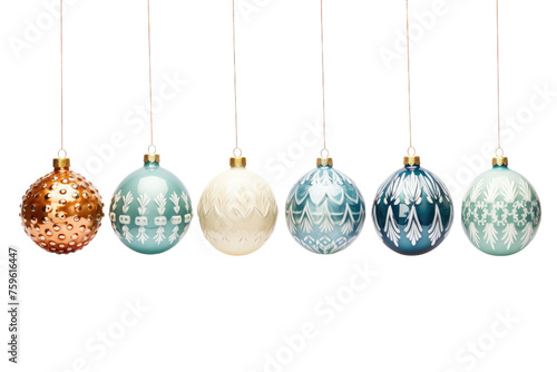 Row of Christmas Ornaments Hanging From Strings. on a White or Clear Surface PNG Transparent Background.