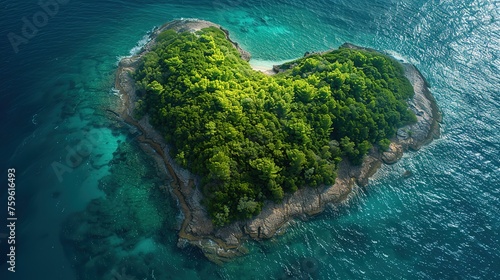 Aerial view of a heart-shaped Caribbean island. Love holiday concept