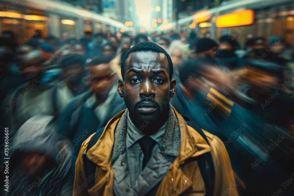 A black man standing in a moving crowd with a worried facial expression, anxiety concept