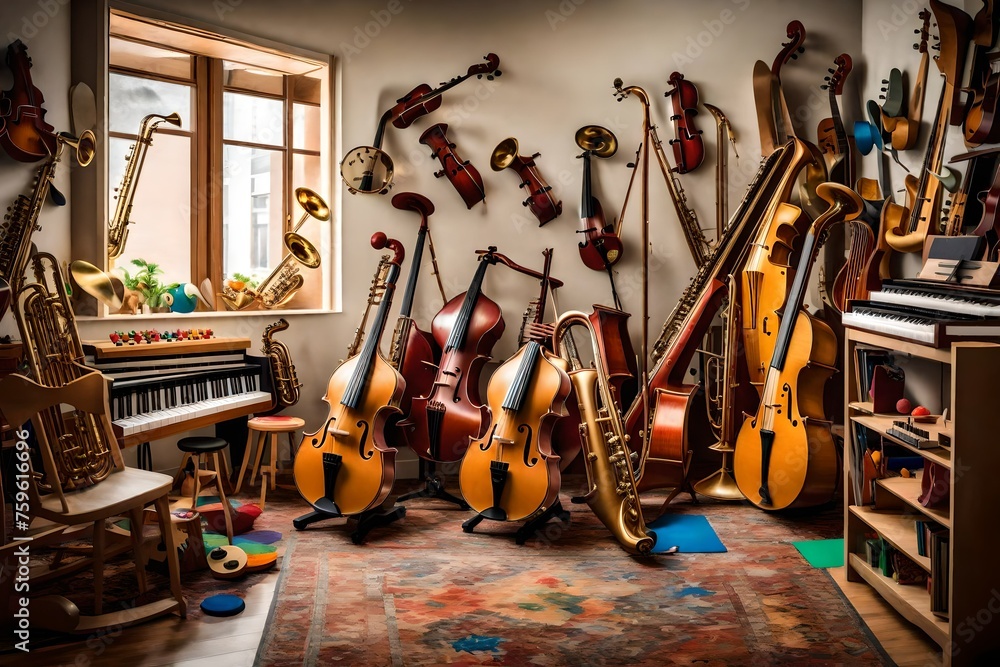 A corner filled with a variety of musical instruments for kids to explore and play. - obrazy, fototapety, plakaty 