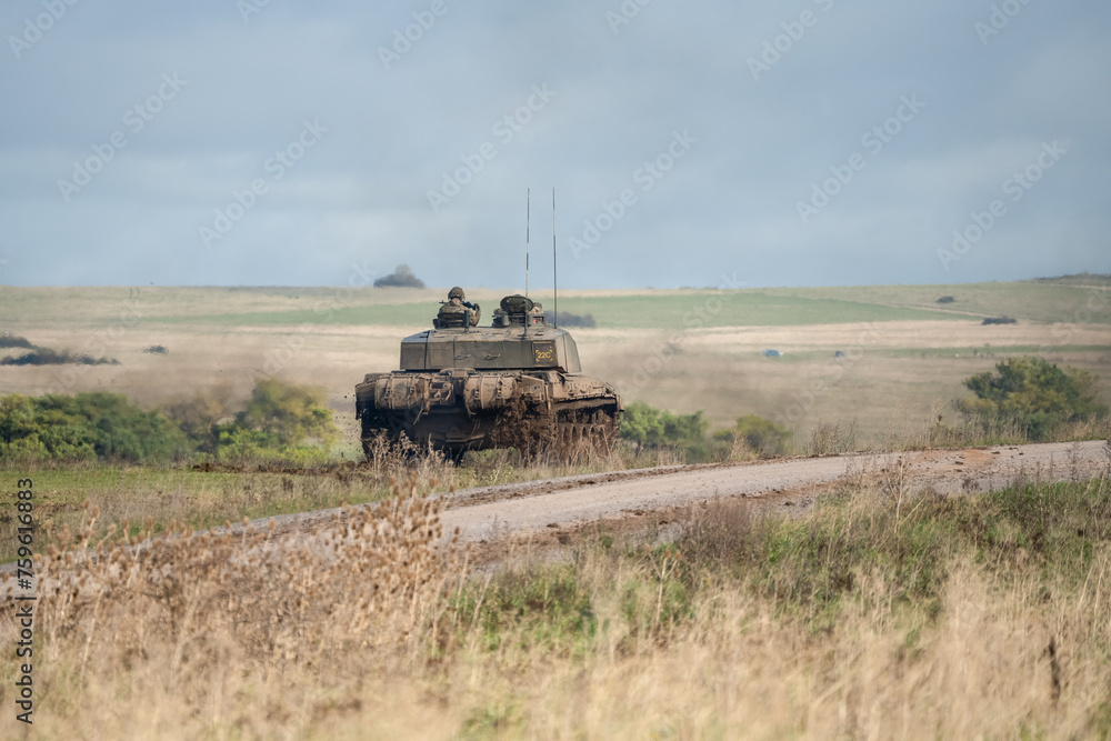 Fototapeta premium British army Challenger 2 II FV4034 main battle tank in action on a military exercise, Wilts UK