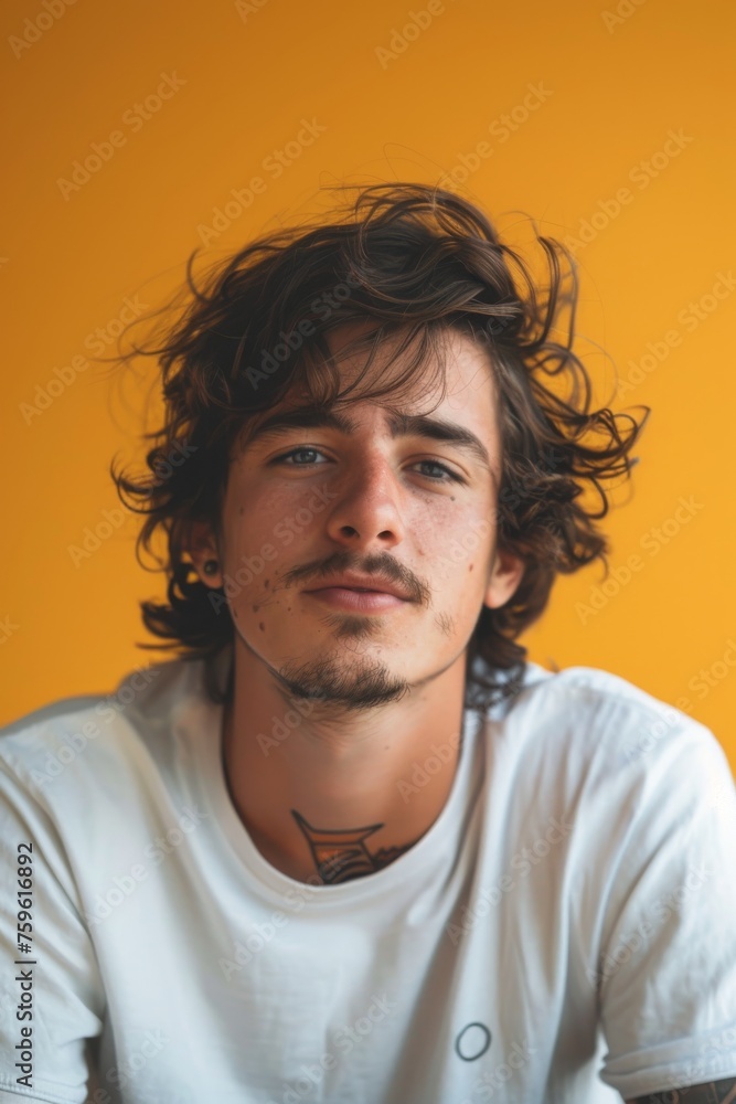 Fototapeta premium Handsome smiling, happy and pleased stoic man with positive vibes. Portrait of a joyful young man with beautiful hair and fashionable clothes.