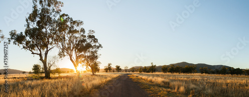 Sun rising up over paddock and dirt road on farm photo