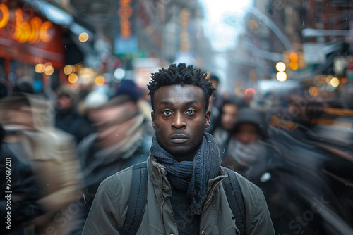 A black man standing in a moving crowd with a worried facial expression, anxiety concept