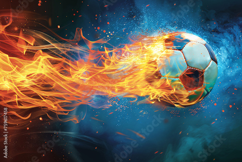 A fast soccer ball flying through the air with a trail of fire like a comet
