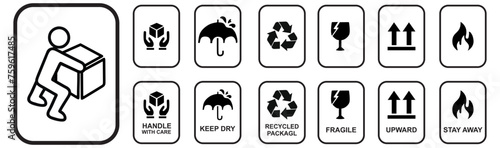 Fragile package icon set. delivery shipping labels flat style. handle with care, Keep away from water, fragile box, Handling, packing, step on, side up simple black symbol vector, vector illustration