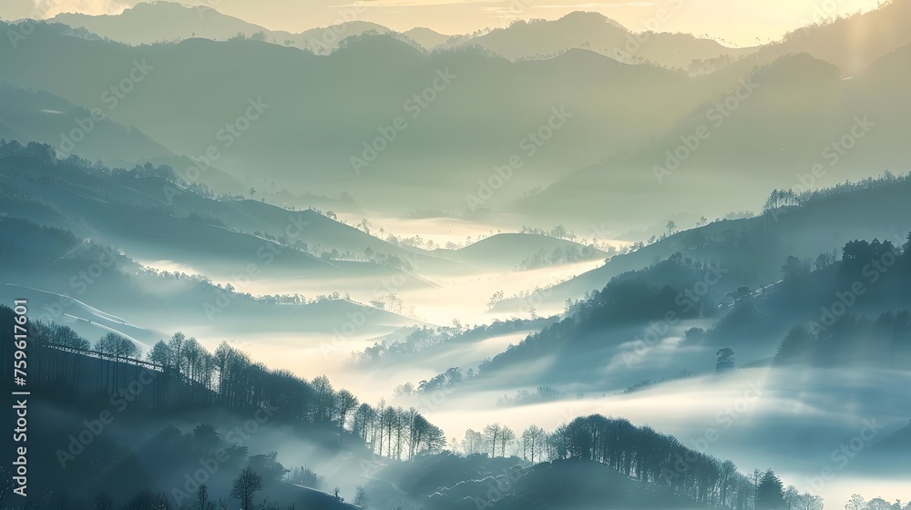 Beautiful Landscape of mountain layer in morning sun ray and winter fog