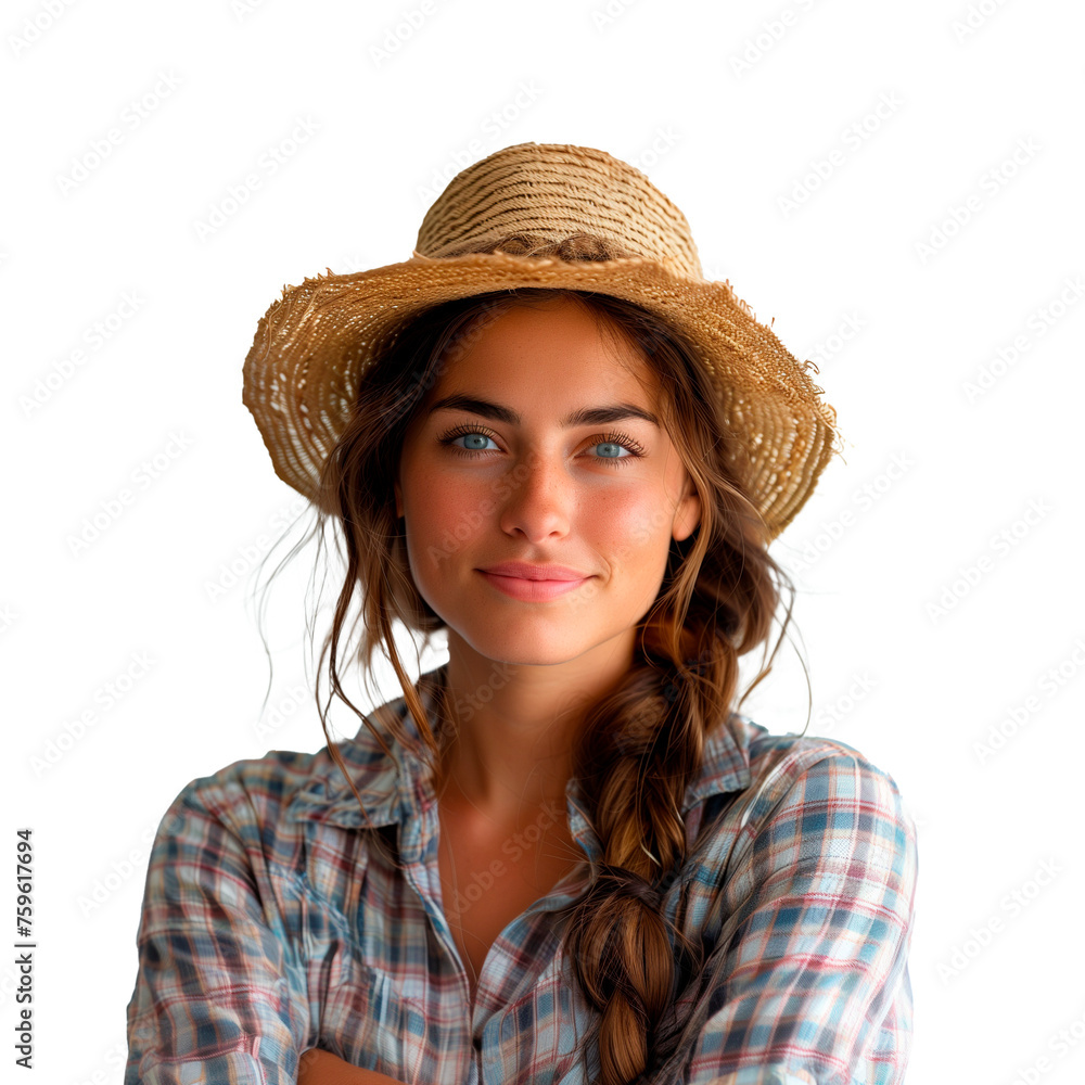 Young farmer woman with hat, isolated on transparent background. PNG. Young farmer woman with hat, isolated on transparent background. PNG.