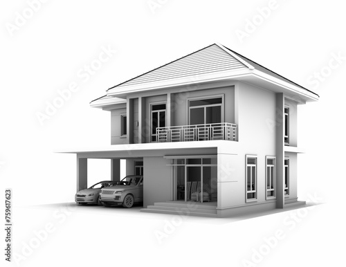 3D illustration, architecture, modern style two-storey house, white white tone rendering on a white background. Design houses without color or texture.