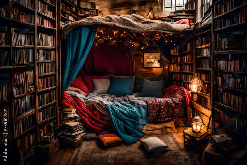 A cozy fort made of blankets and cushions, surrounded by shelves of storytelling books.