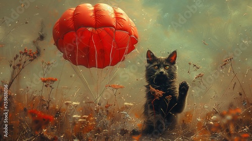 cat flies across the sky with a parachute photo