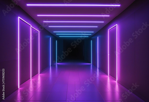 Neon light abstract background. Tunnel or corridor violet neon glowing lights. Laser lines and LED technology create glow. Cyber club neon light stage room. Data transfer. Fast network.