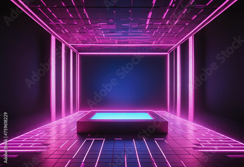 Square stage with pink blue neon light and screen pixels glowing dots background. Glowing neon lines. Empty stage laser. Catwalk fashion podium. Night club empty room. Laser show design. photo