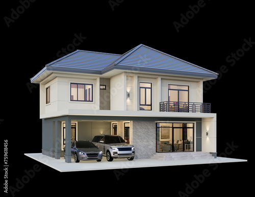 3D rendering architecture, modern style two-storey house, white, gray roof, rendering on a black background.