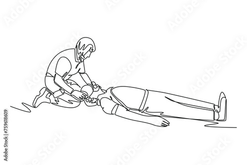 Continuous one line drawing paramedic providing first aid. Saving lives or emergency accident. Health, care, teamwork. Single line draw design vector illustration