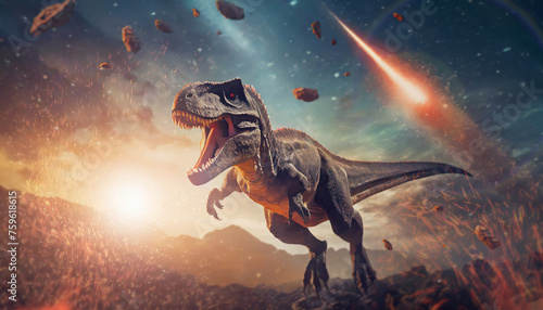 Tyrannosaurus running from falling meteors and comets. Immense asteroid collision causing the extinction of the dinosaurs millions years ago © psychoshadow