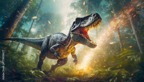 Fototapeta Naklejka Na Ścianę i Meble -  Ferocious T-rex running out of the jungle as comets keep falling on the prehistoric Earth. Scene of asteroid collision causing the extinction of the dinosaurs