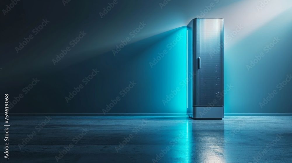 A sleek metallic server tower hums quietly emanating a soft blue glow that reflects off the polished concrete floor. A sleek metallic server tower hums quietly emanating a soft blue glow that reflects off the polished concrete floor.