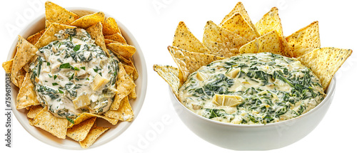 bowl with spinach dip with cream cheese, sour cream, garlic, and Parmesan cheese, served warm with tortilla chips isolated on a white background
