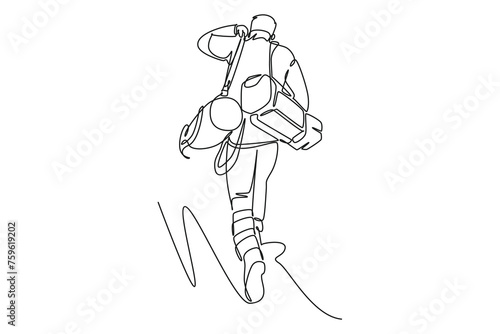 Continuous one line drawing of Rear view of the rescue team carrying relief items while running. Saving lives or emergency accident. Health, care, teamwork. Single line draw design vector illustration