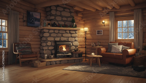 Interior of a cozy log cabin in winter with cups of coffee and tea