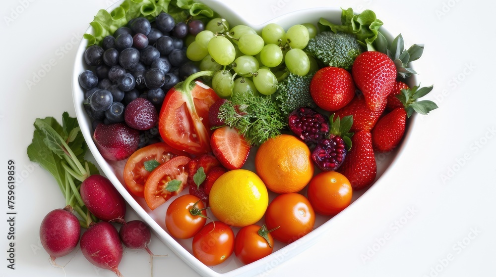 A heart-shaped dish brimming with clean fruits and vegetables, symbolizing nutritional nutrition for heart health, as recommended by doctors and nutritionists for patient well-being. A heart-shaped dish brimming with clean fruits and vegetables, symbolizing nutritional nutrition for heart health, as recommended by doctors and nutritionists for patient well-being.