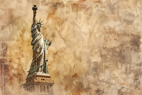 watercolour portrayal of the Statue of Liberty adorned with vintage elements and sepia tones, evoking a sense of history and nostalgia, watercolour style photo