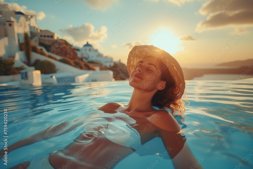Beautiful young woman enjoy her vacation in santorini, famous place in greece. She is relaxing, smiling and wearing straw hat. Sunset in the background.