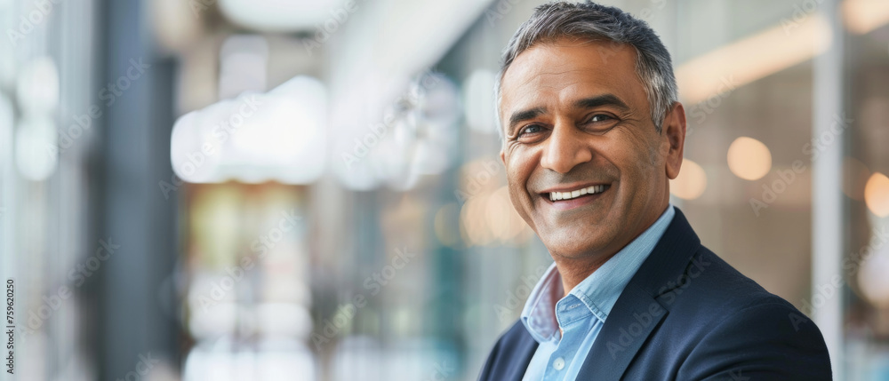Confident businessman smiling in an urban environment, exemplifying success and professionalism.