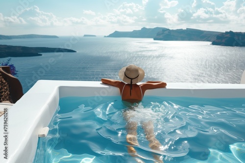 Woman enjoy her vacation in santorini, famous place in greece. She is in a pool and watching the breathtaking panoramic view.