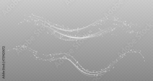 Festive decoration in the form of luminous flying wind surrounded by light dust and white speed lines. Light effect for ceremonies, awards, prizes, motivations, invitations, banners, cards, videos.