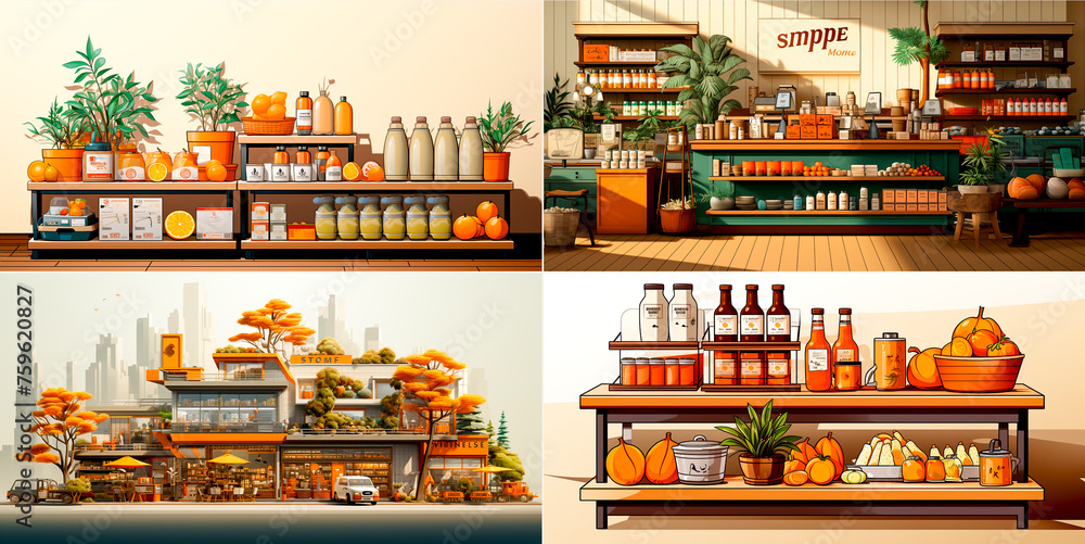Illustration depicting a supermarket with various products. Ideal for use in promotional websites or presentations. High quality graphics that can be easily customized and edited.