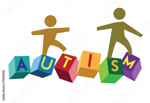 Autism Concept. An adult figure helps or supports a child cross an autism text on building blocks. Editable Clip Art. 