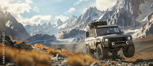 Rugged SUV on a desert adventure, mountain backdrop.