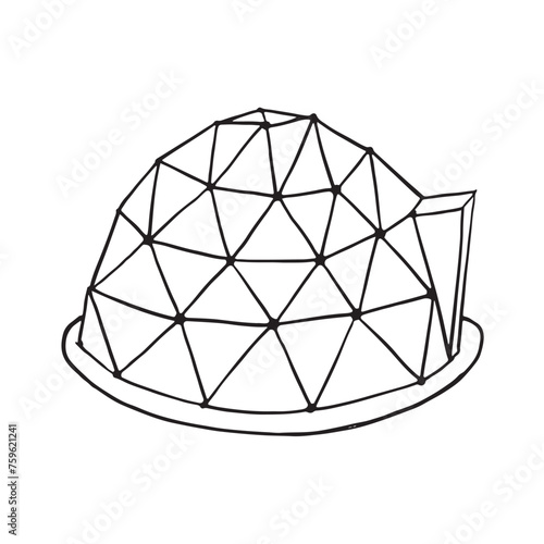 geodesic dome made of glass. Touristic hand drawn colored icon for glamping vacation. Flat line style glamping travel logo. Vector illustration.