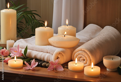 Beauty spa treatment and relax composition with burning candles and flowers