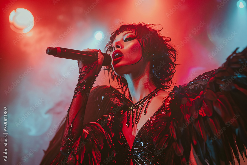 A singer in a black dress with feathers singing into a microphone on stage, red stage lights A singer in a black dress with feathers singing into a microphone on stage, red stage lights