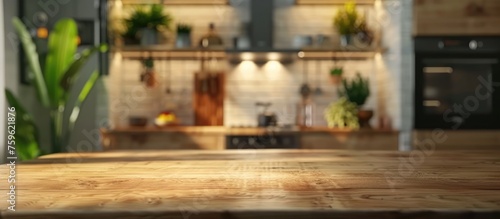 Kitchen interior with close up wooden table and decorative elements. Appliances and lighting design concept.