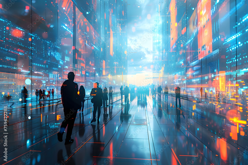 Futuristic Urban Corridor with Silhouetted Figures Illustration