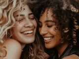 Two women sharing a warm embrace, expressing happiness and friendship as they smile at each other