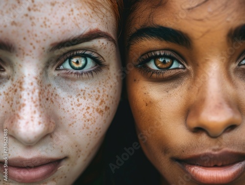Two women with freckles on their faces, eyes locked in a mesmerizing gaze