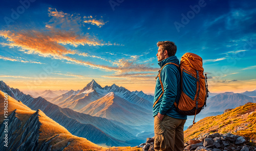 A man with a backpack stands on a mountaintop, looking out at a valley and the top of a mountain. The sky is blue with yellow clouds.