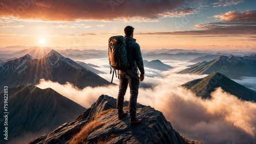 A man stands on a mountain peak, overlooking a valley of fog. The sky is filled with clouds and the sun is setting.
