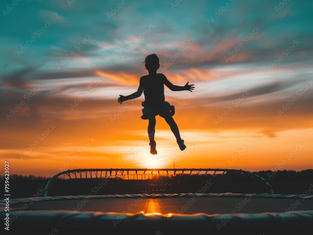 A silhouette of a person ecstatically leaping in the air against a backdrop of a setting sun