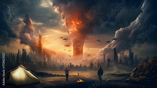 megapolis under missile attack, refugees observing from distance, generative ai photo