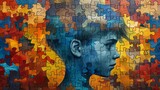 a young boys head surrounded by the challenges of autism, 90 childrens comic book drawing style with block colours, text copy space