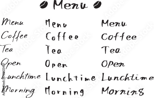 メニューの文字。カフェの文字。